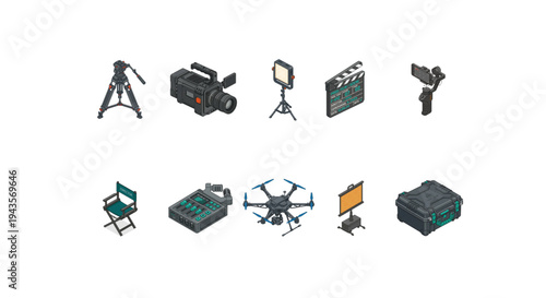 Professional Isometric Cinematography and Filmmaking Gear Vector Icon Set