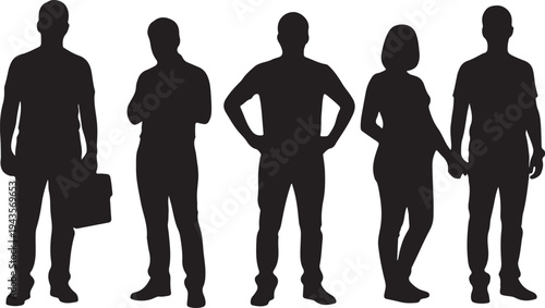Vector Silhouette Collection of Diverse People Including Businessman, Pregnant Woman, and Individuals in Casual Standing Poses