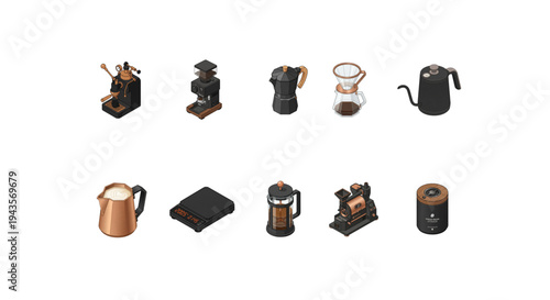 Minimalist Isometric Artisan Coffee Brewing and Roastery Vector Icon Set