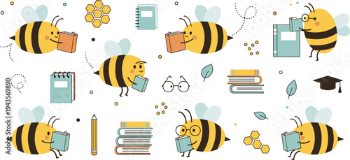 Cute Cartoon Bees Reading Books and Studying Vector Illustration Set with Notebooks, Pencil, Glasses, Book Stacks, Honeycomb Elements, and Educational School Theme