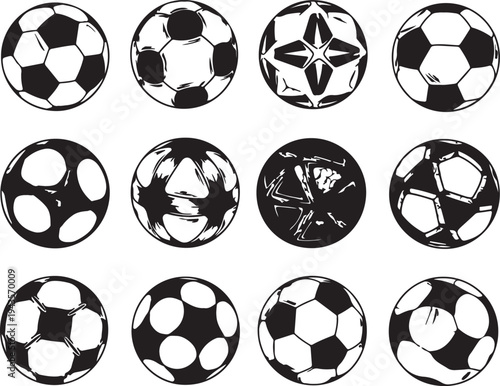 Vector Silhouette Collection of Soccer Balls with Diverse Football Pattern Designs and Geometric Sports Icons