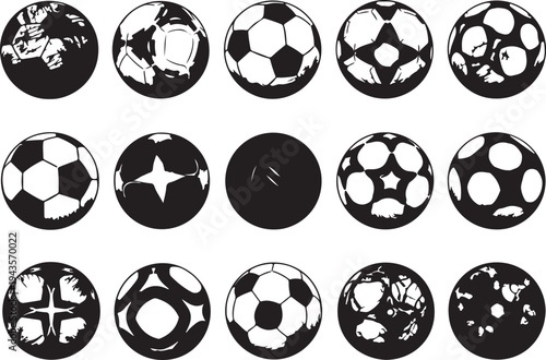 Vector Silhouette Collection of Soccer Balls with Diverse Football Pattern Designs and Geometric Sports Icons