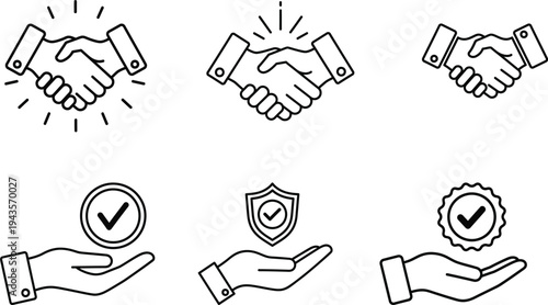 Business handshake and trust guarantee icon set with approval check mark, partnership agreement, security and quality assurance symbols