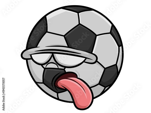 Funny cartoon vector of tired soccer ball with droopy eyes and tongue out, playful mascot design showing humor and sports fatigue