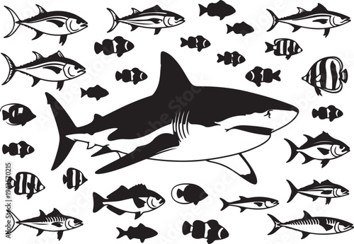 Vector Silhouette Collection of Marine Life, Great White Shark, Tropical Fish, Tuna, and Coral Reef Species