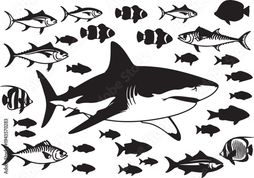 Vector Silhouette Collection of Marine Life, Great White Shark, Tropical Fish, Tuna, and Coral Reef Species