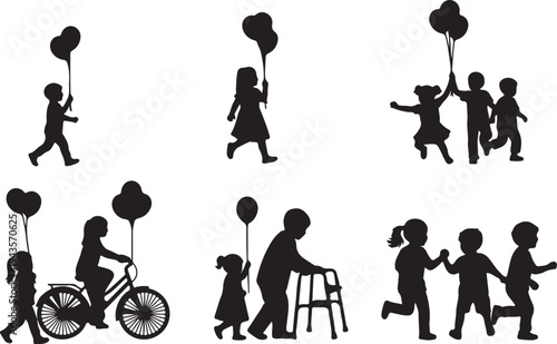 Vector Silhouette Collection of Children Playing with Balloons, Kids on Bicycles, and Elderly Person with Walker in Intergenerational Group Poses
