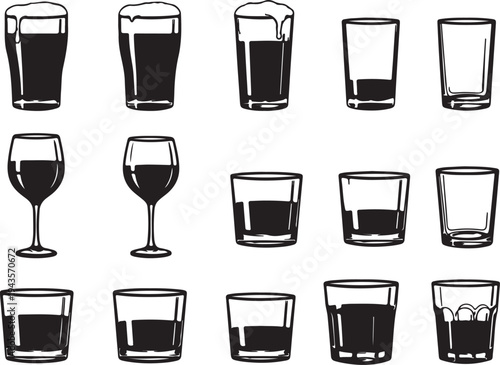 Vector Collection of Alcoholic Beverage Glasses, Beer Pints, Wine Goblets, and Spirit Tumblers in Hand-Drawn Silhouette Style

