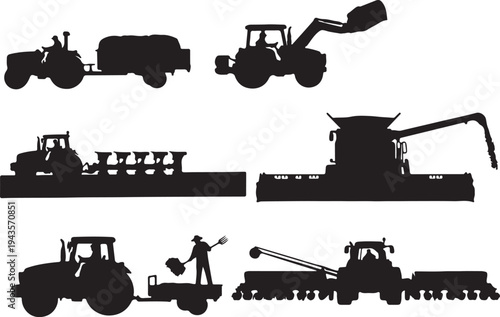 Vector Silhouette Collection of Agricultural Machinery, Farm Tractors, Combine Harvesters, and Heavy Duty Industrial Equipment
