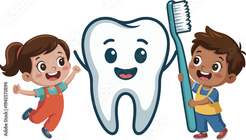 Friendly cartoon dental hygiene illustration with smiling tooth character, children holding toothbrush, promoting oral care and healthy habits