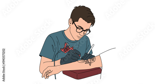 A male tattoo artist with glasses and black gloves is meticulously tattooing a rose design onto a client's forearm.