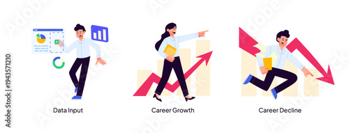 A career-focused illustration series depicting digital data entry, rising career success paths, and metaphors for professional decline