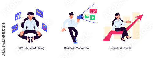 A professional illustration set featuring a woman meditating for decision making, megaphone marketing, and financial growth success
