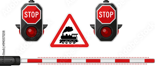 railroad crossing stop signals collection, train warning barrier traffic lights, vector illustration isolated white background safety set