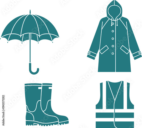 rain protection and safety gear icons, umbrella raincoat boots vest vector illustration, isolated weather equipment set bundle