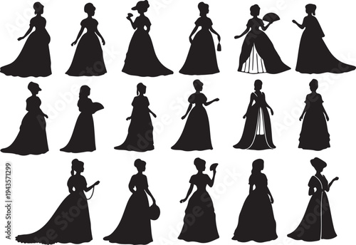 Vector Silhouette Collection of Victorian Women in Antique Period Dresses with Parasols and Fans
