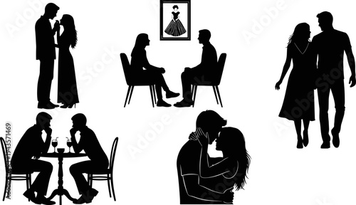 Romantic couple silhouette set, lovers dating, kissing, walking, dining, conversation scenes, man and woman relationship vector isolated on white ration