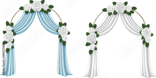 Romantic wedding arch set, white roses greenery with flowing fabric drapes on round frame, elegant ceremony backdrop decoration illustration isolated background