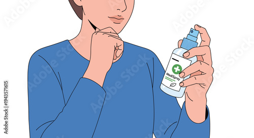 A person in a blue shirt is holding a white and blue spray bottle labeled MedSpray while contemplating with a hand near their chin.