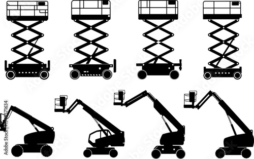 Scissor lift and boom lift silhouette set aerial work platform vector construction equipment collection design illustration