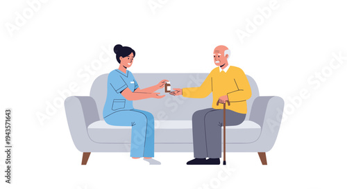 A female nurse in blue scrubs is carefully handing a small brown medicine bottle to an elderly man with a cane, both seated on a light grey sofa.