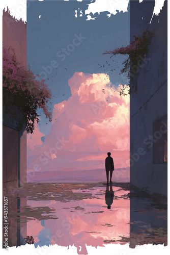 Lonely Man Standing Alone on Wet Ground.