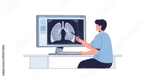 A male doctor is seated at a desk, pointing with a stylus at a large computer monitor displaying a detailed X-ray image of human lungs.