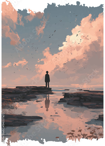 Man Standing Alone on Rocky Shore.