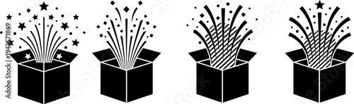 Surprise box silhouettes collection featuring exploding gift fireworks isolated vector illustration celebration black shape set bundle