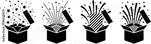 Surprise gift box silhouettes collection featuring exploding present isolated vector illustration celebration black shape set bundle icon