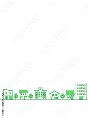 街並みのイラストのバナー背景　手描き風　縦長　緑