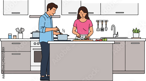 A couple cooks in a kitchen The man stirs a pot the woman cuts vegetables The kitchen has cabinets a stove and sink