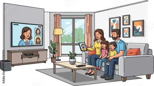 A family is on video calls in a living room A large screen and tablet are being used
