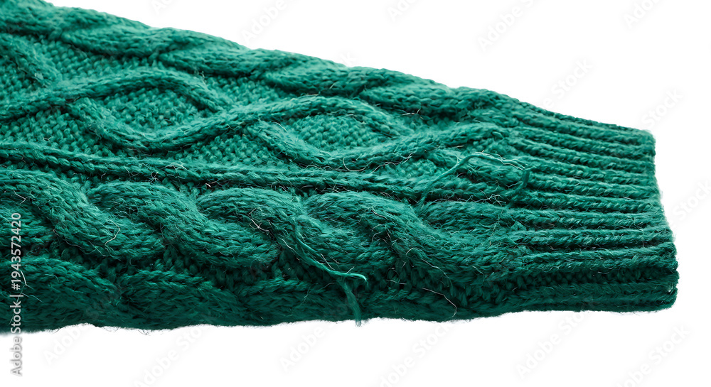 Fototapeta premium Green Cable Knit Wool Sweater Sleeve Close-up Isolated on White