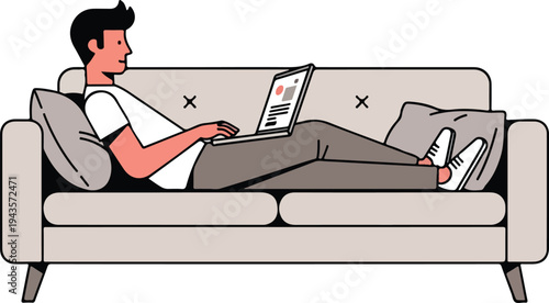 A man reclines on a couch using a laptop He wears a white shirt gray pants and white sneakers The couch has two pillows