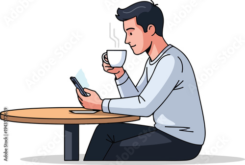 A man seated at a table holding a coffee cup and phone