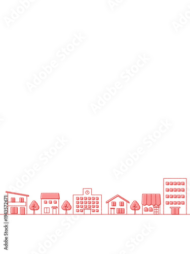 街並みのイラストのバナー背景　手描き風　縦長　赤