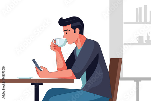 A man seated drinks from a cup looks at a phone at a table Gray wall shelves and a chair