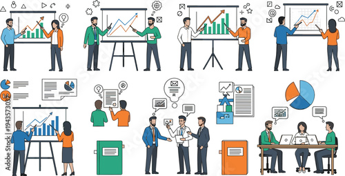 Flat vector illustration of business professionals analyzing data, presenting charts, and discussing reports in office meetings.