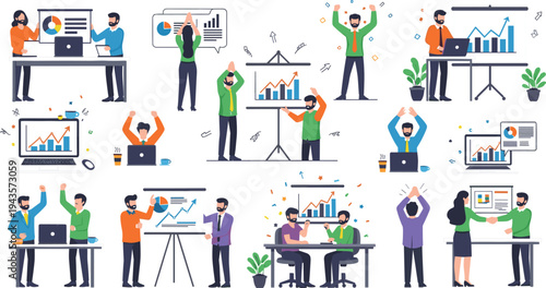 Flat vector illustration of business professionals celebrating achievements and presenting data visualizations, charts, and graphs in an office setting.