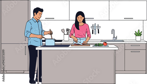 A man stirs a pot A woman cuts on a counter They stand in a kitchen