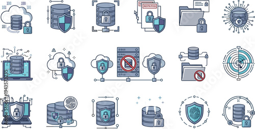 Flat vector illustration of database security, encryption, and protection symbols, showcasing data security, cloud storage, and privacy measures.