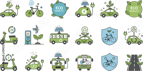 Flat vector illustration of eco-friendly mobility, featuring electric cars, bikes, scooters, and sustainable transport symbols.