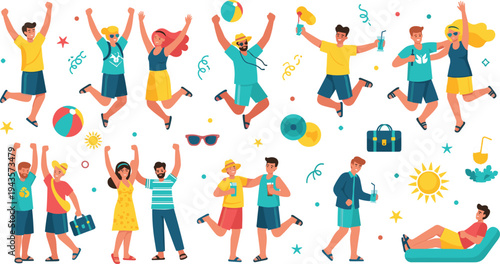 Flat vector illustration of people enjoying summer vacation, featuring activities like beach fun, swimming, and relaxing in the sun.
