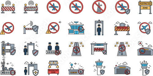 Flat vector illustration of restricted zone signs, security checkpoints, and no-fly zone icons, representing safety and regulation.