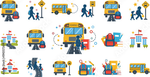 Flat vector illustration of school buses, students, and school buildings, depicting school routes, backpacks, and education-related icons.