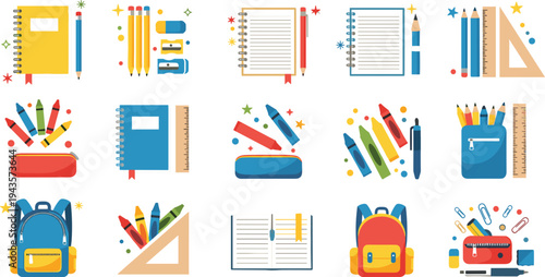 Flat vector illustration of school supplies, including notebooks, pens, pencils, backpacks, and educational tools for students and classrooms.