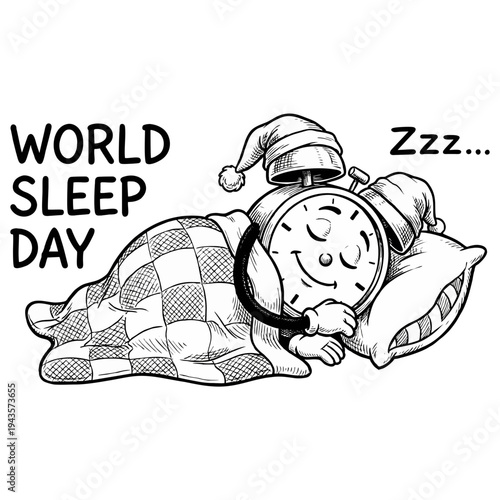 A smiling cartoon alarm clock character sleeping soundly under a warm checkered blanket, celebrating World Sleep Day, featured as a transparent isolated cutout png
