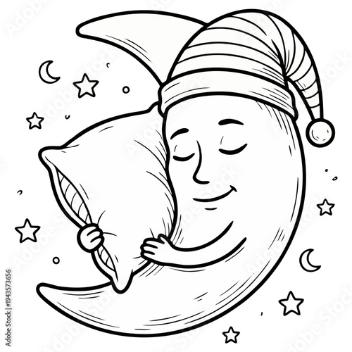 A crescent moon character sleeps peacefully, embracing a pillow and wearing a striped nightcap, isolated transparent line art PNG