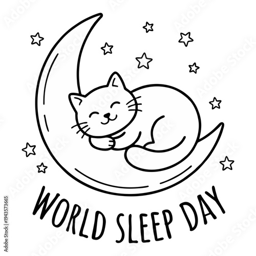 Simple line art illustration of a cute cat sleeping on a crescent moon with stars and World Sleep Day text, isolated transparent PNG